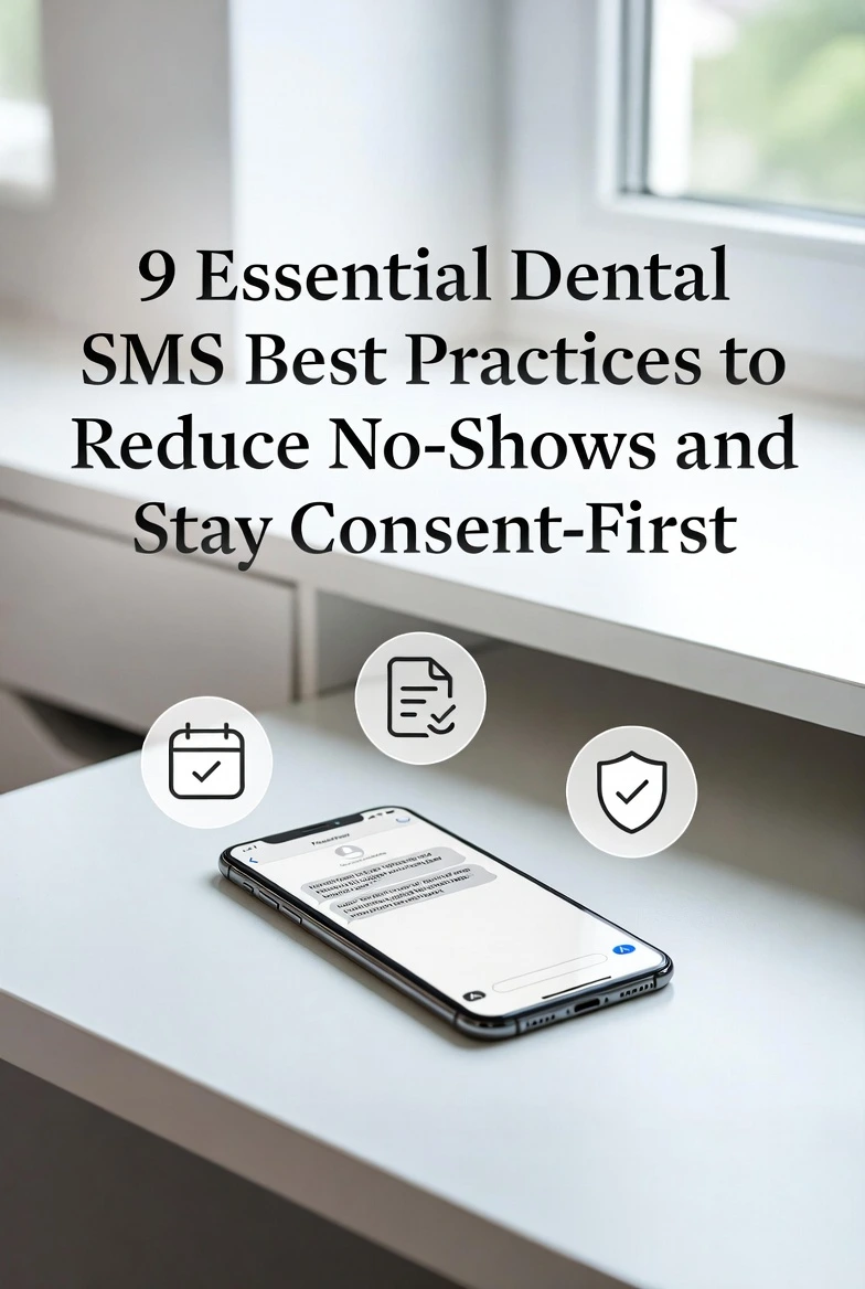 Featured image reading “9 Essential Dental SMS Best Practices to Reduce No-Shows and Stay Consent-First” above a smartphone showing a text reminder on a desk, with icons for scheduling, consent documentation, and privacy.